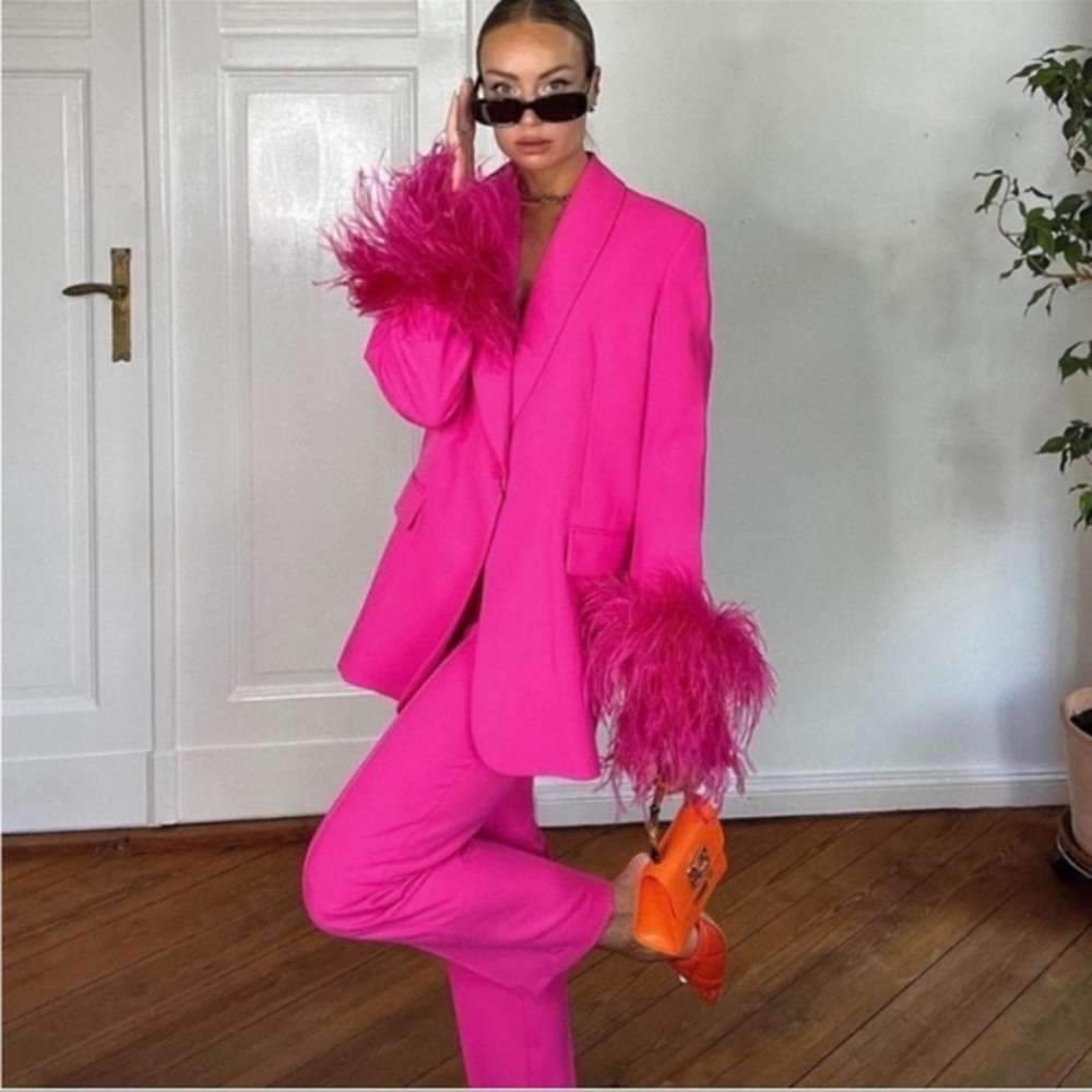 Zara Pink Pantsuit with Feather Accents